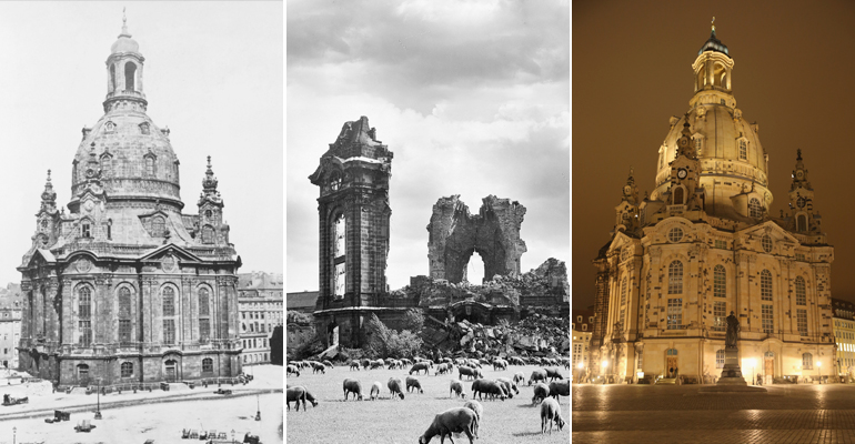 A Igreja de Nossa Senhora – Frauenkirche – em 1870 (esquerda), depois do bombardeamento (centro) e depois da reconstrução em 2005 (direita)