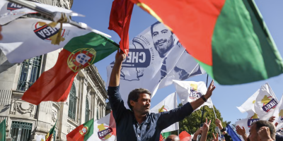 Andre Ventura waves to supporters on the last day of campaigning ahead of the upcoming local elections in Braga, Portugal. Photograph: Miguel A Lopes/EPA