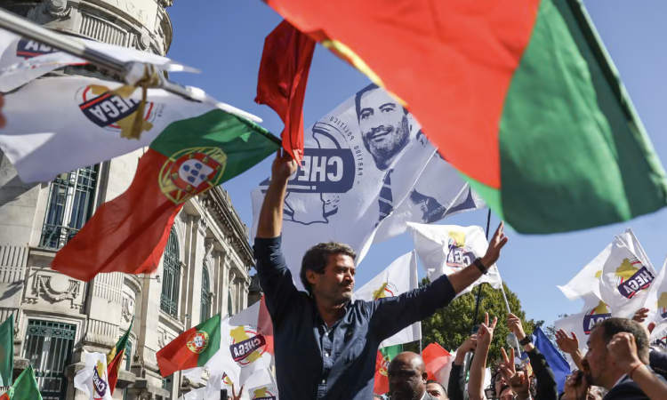 Andre Ventura waves to supporters on the last day of campaigning ahead of the upcoming local elections in Braga, Portugal. Photograph: Miguel A Lopes/EPA